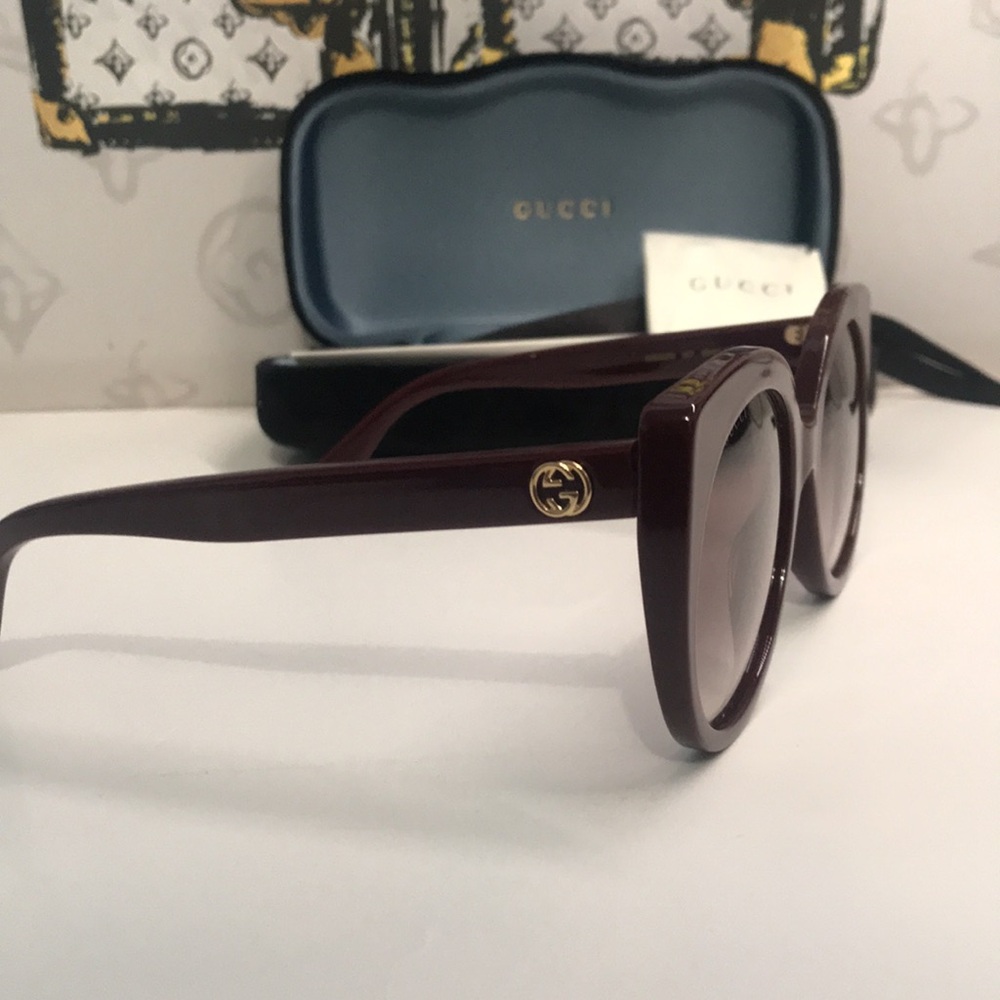 New Authentic Gucci GG0325S 007 Burgundy Cat-Eye Sunglasses Red Lenses - Picture 6 of 12